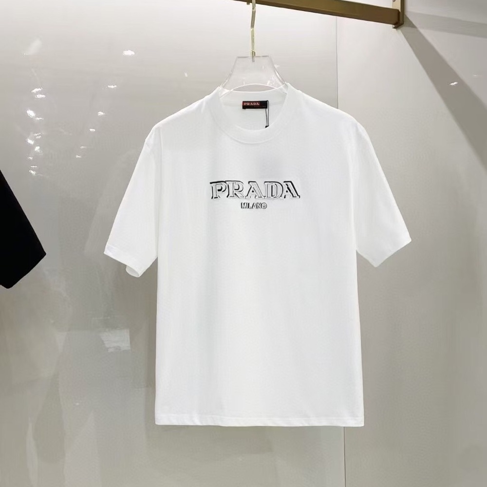 Prada letter embroidered logo round neck short sleeve T-shirt